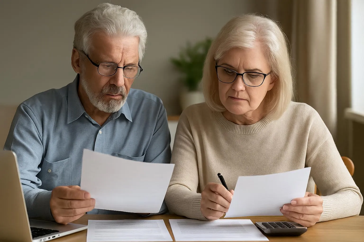 Casal de aposentados analisando documentos financeiros para planejamento previdenciário.